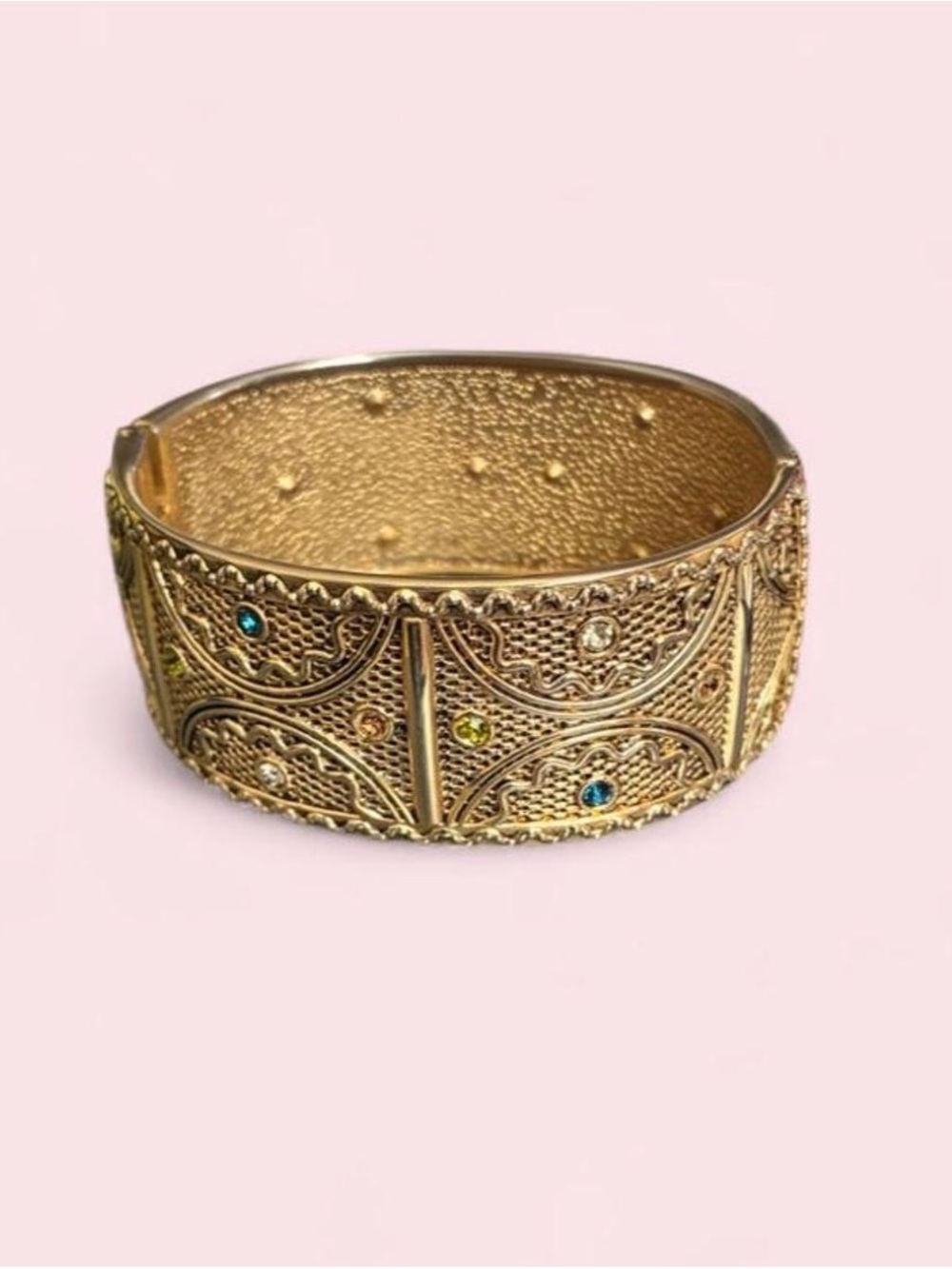 Gold Filigree Wide Bangle Bracelet with Multicolor Stones